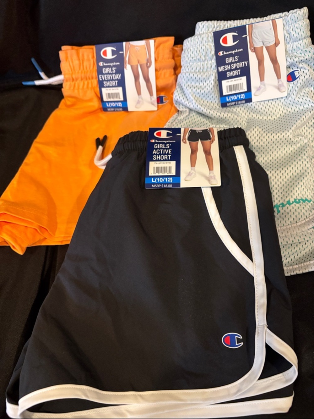 Champion Girls' Shorts Trio - Black, Orange & Light Blue
